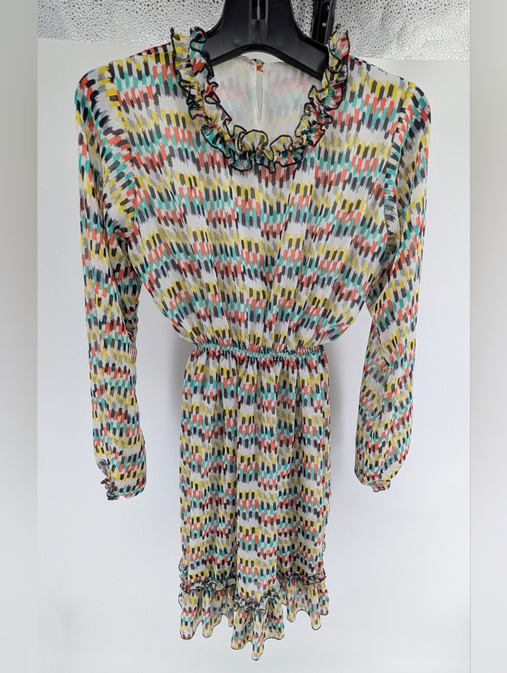 Lightweight, long-sleeve multicolor printed dress with ruffles